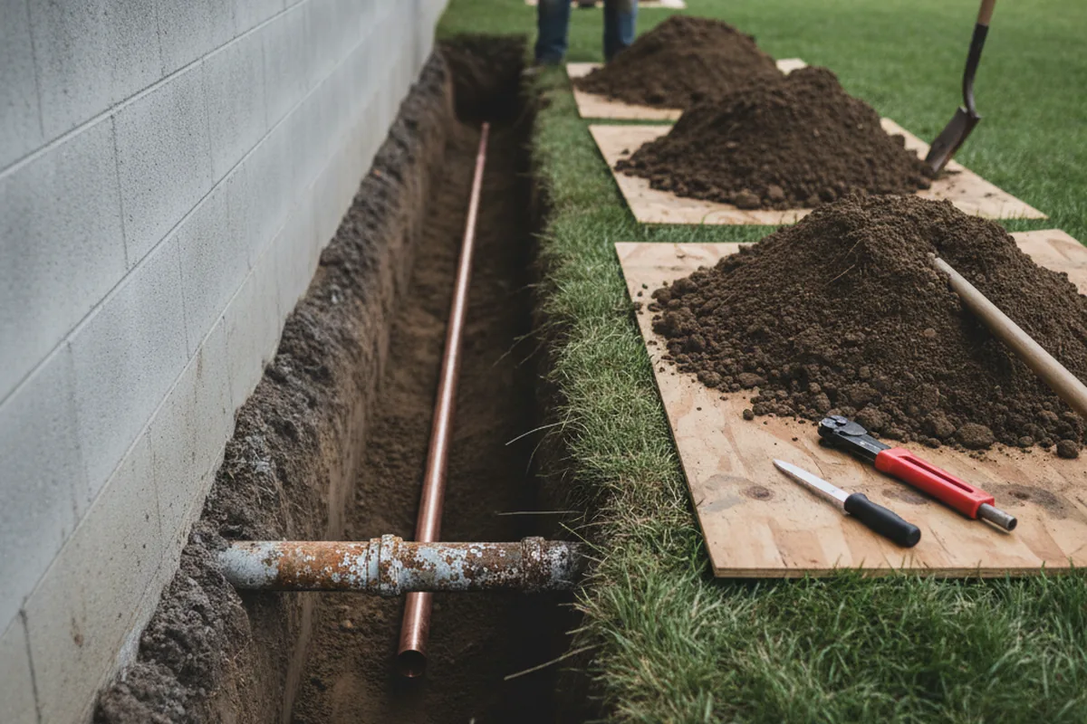 Excavated water line trench during Sewer Line Repair in Prosper